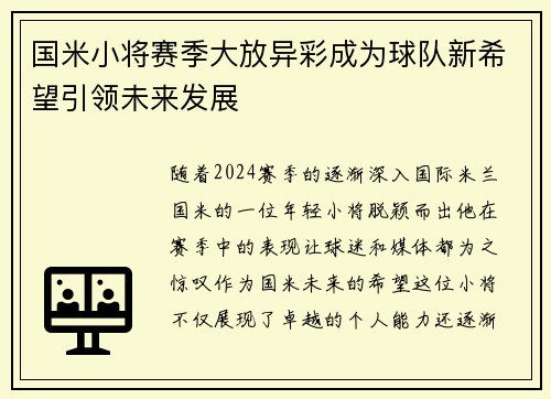 国米小将赛季大放异彩成为球队新希望引领未来发展