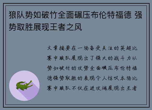 狼队势如破竹全面碾压布伦特福德 强势取胜展现王者之风