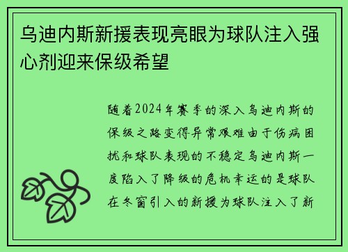 乌迪内斯新援表现亮眼为球队注入强心剂迎来保级希望
