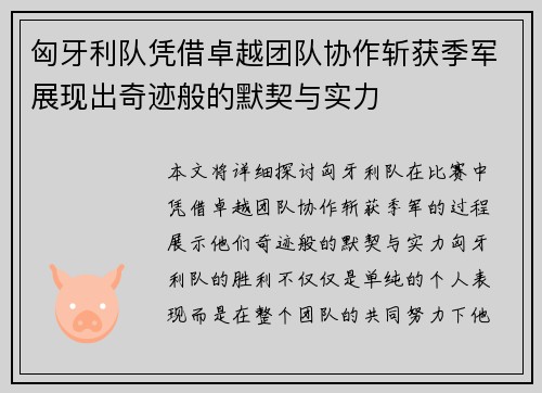 匈牙利队凭借卓越团队协作斩获季军展现出奇迹般的默契与实力