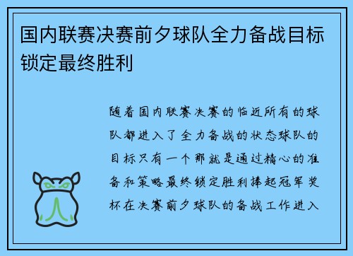 国内联赛决赛前夕球队全力备战目标锁定最终胜利