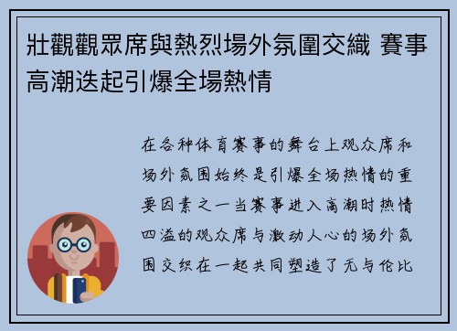 壯觀觀眾席與熱烈場外氛圍交織 賽事高潮迭起引爆全場熱情