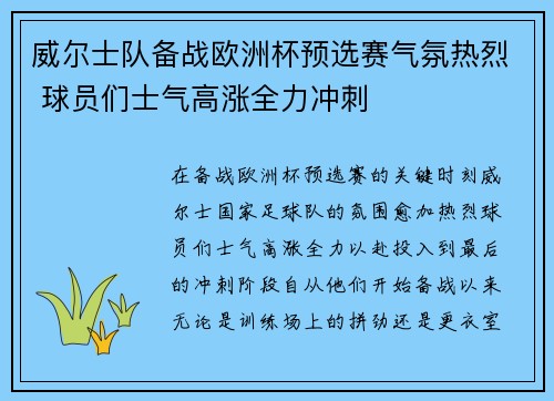 威尔士队备战欧洲杯预选赛气氛热烈 球员们士气高涨全力冲刺